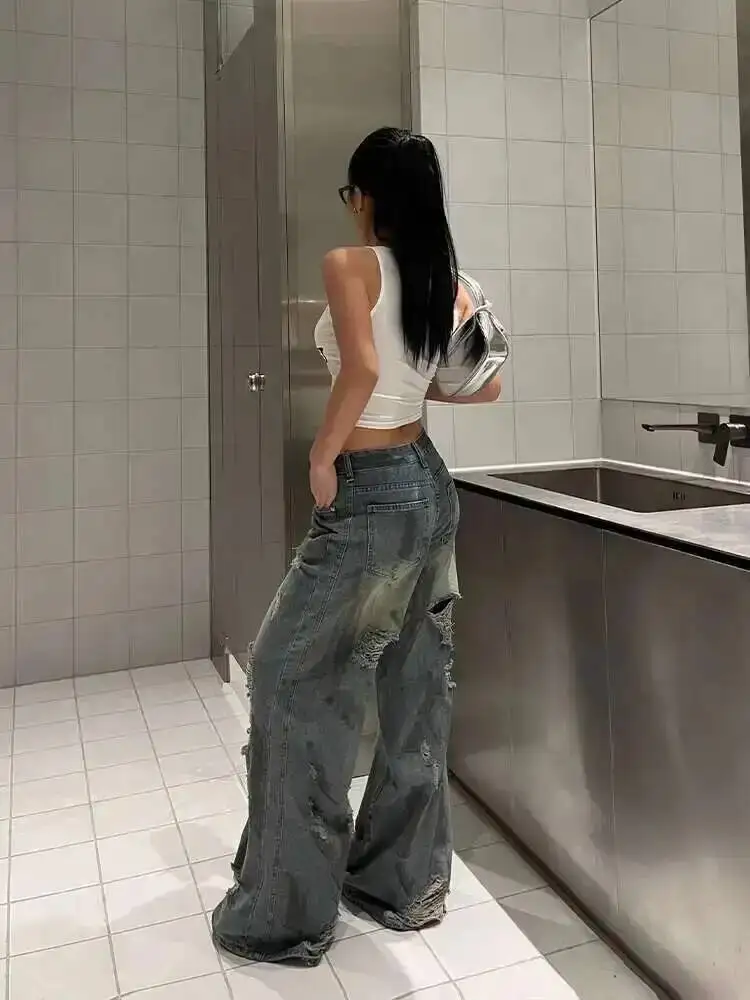 Heiße Mädchen Vintage Zerrissene Jeans Für Frauen Frühjahr Neue Hohe Taille Schlank Bodenlangen Hosen Mit Breiten Beinen Hosen LLV8