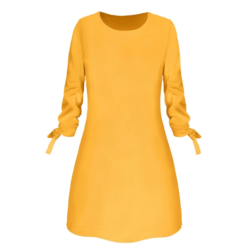 2019 Spring New Fashion Solid Color Dress Casual O-Neck Loose Dresses 3/4 Sleeve Bow Elegant Beach Female Vestidos