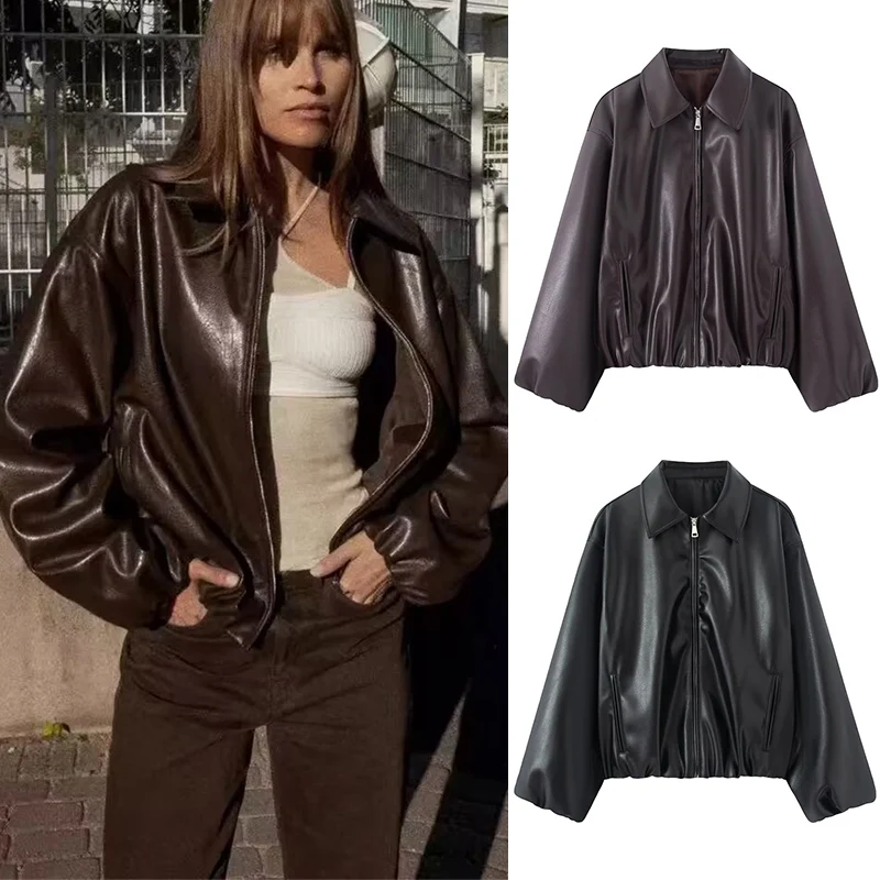 

Women's Jacket 2025 New Fashion Autumn Winter Long-Sleeve Leather Jacket Loose Casual Chic Ladies Jacket