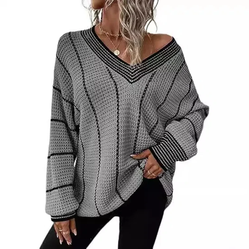 New Knitted V-neck Striped Pullover Loose Top