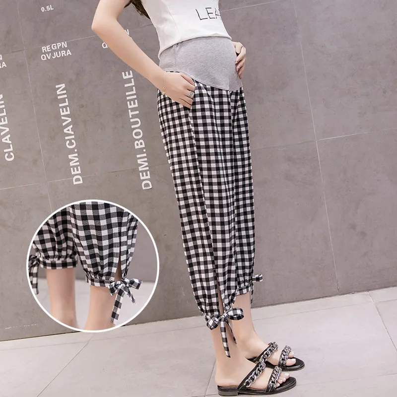 Pregnant Woman Pregnancy Pant High Waist Thin Loose Fashion Plaid Belly Trousers Floor-length Maternity Wide Legs Pants Summer