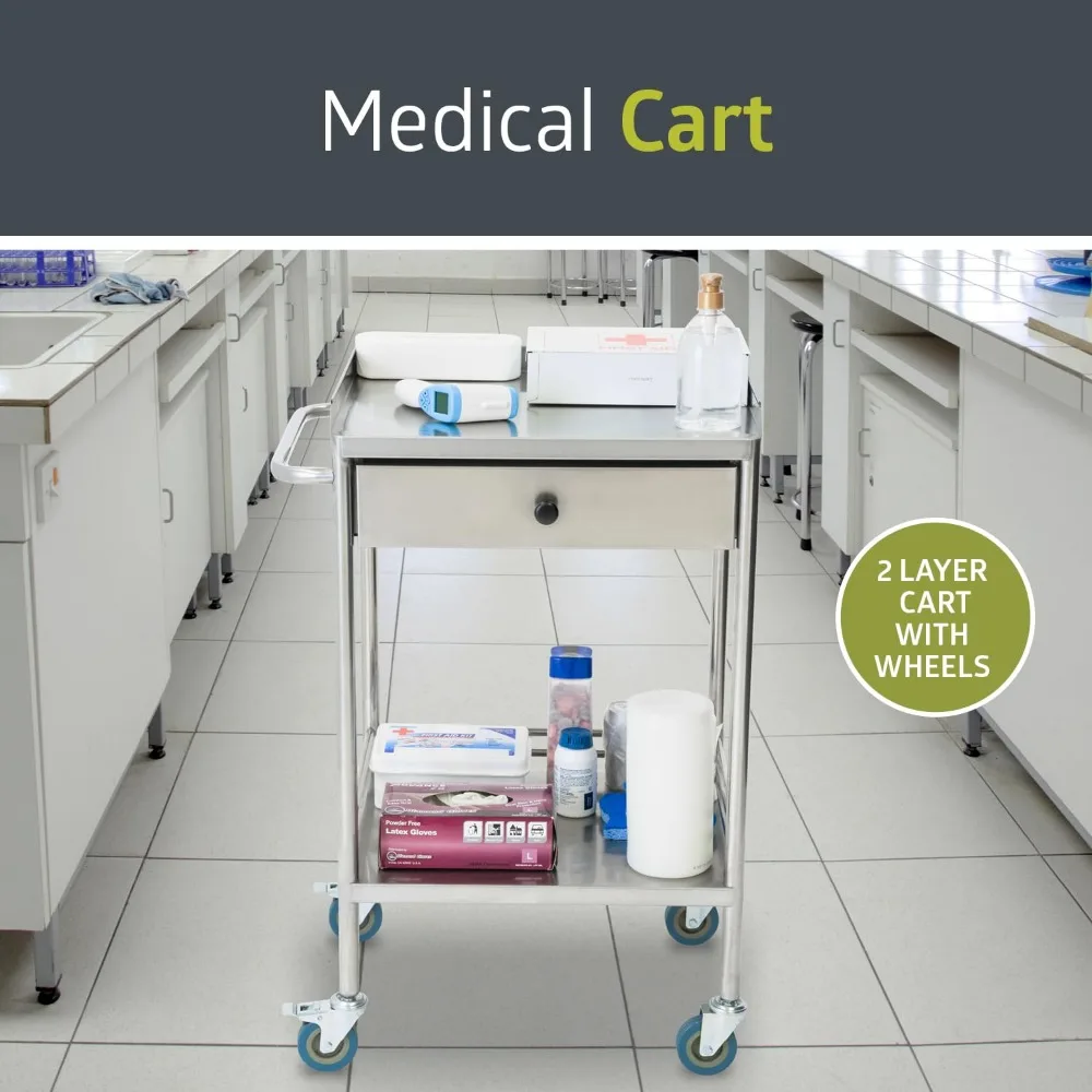 2-Tier Lab Storage Cart, Large Capacity Portable Cart with Sealed Top and Silent Wheels for Lab,19.65'' L X 15.72'' W