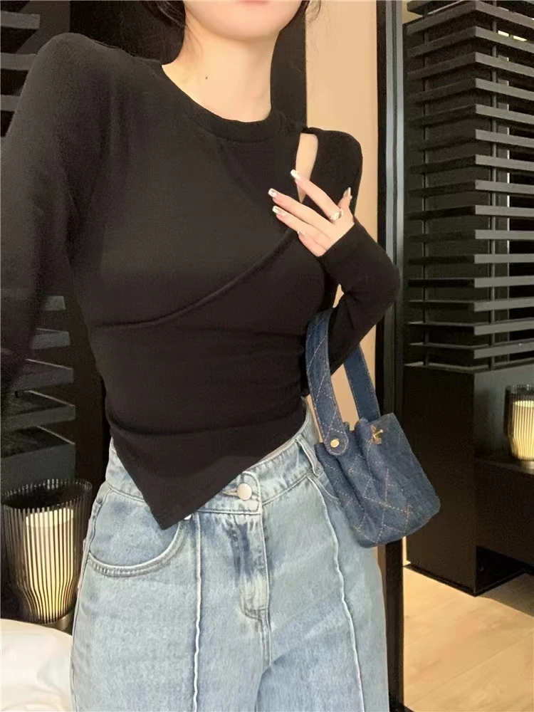 Women Long Sleeve T-shirts Irregular Hollow Out Design All-match Fashion Slim Casual Tops Elegant Daily Gentle Tender Seductive