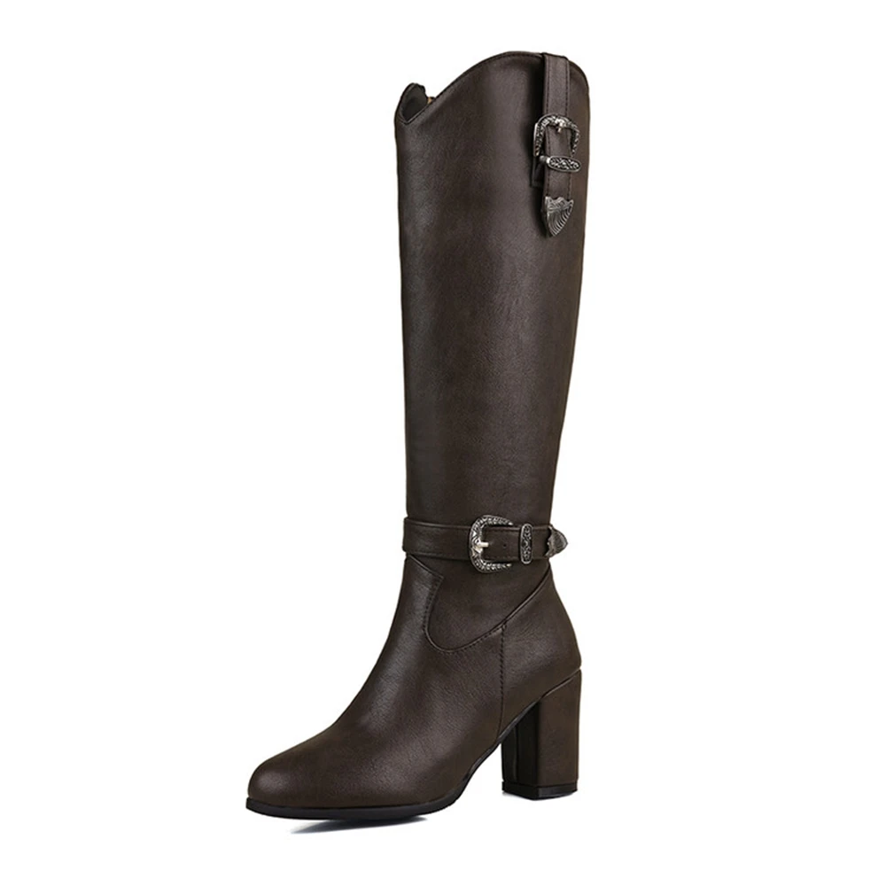 

New Plus Size 33-52 Knee Boots women Round Toe Zip Buckle Square Heel Shoes Autumn Winter Brown Long Boots High Booties H654
