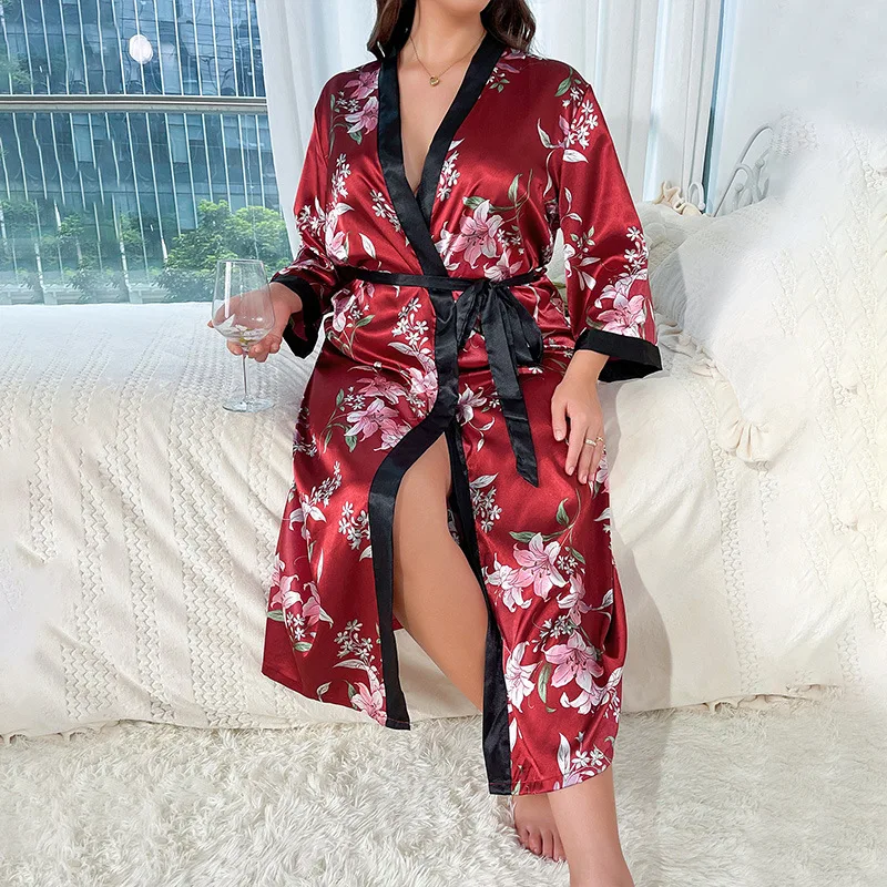 PLUS SIZE 5XL Sexy Love Print Flower Long Robe Nightgown Kimono Bathrobe Gown Elegant Sleepwear Women Satin Home Dressing Gown