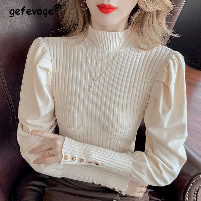 Autumn Winter Fashion Half High Collar Elegant Chic All Match Rib Knit Sweater Women\'s Solid Slim Long Sleeve Ladies Tops Jumper