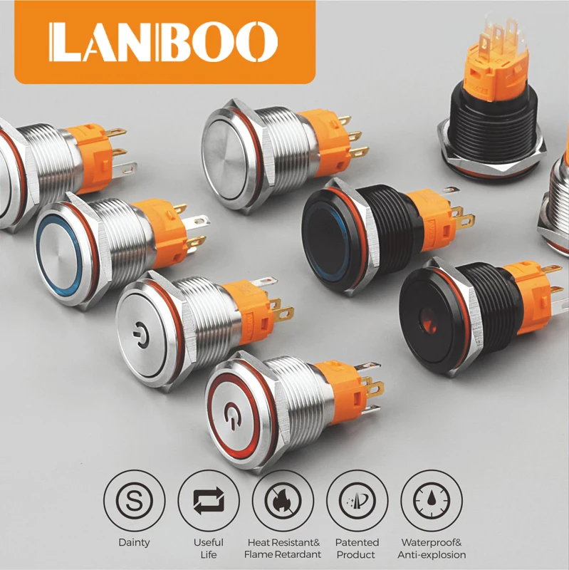 LANBOO 19mm  latching or momentary metal push button switch with LED 1NO1NC