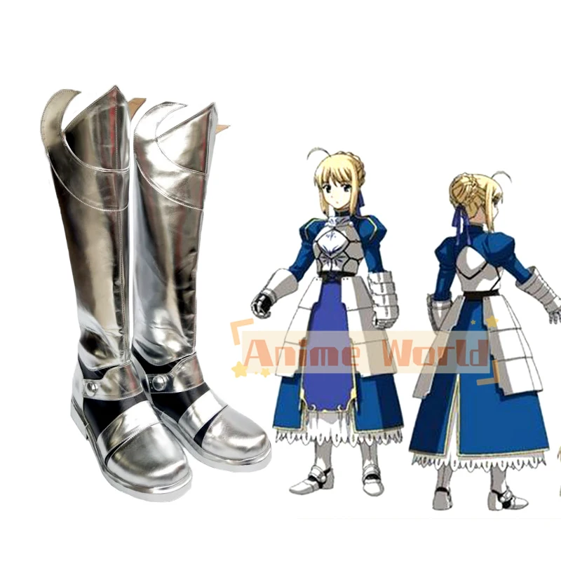 Fate Stay Night Saber Altria Pendragon Costume Cosplay Scarpe Anime Stivali in ecopelle argentati fatti a mano