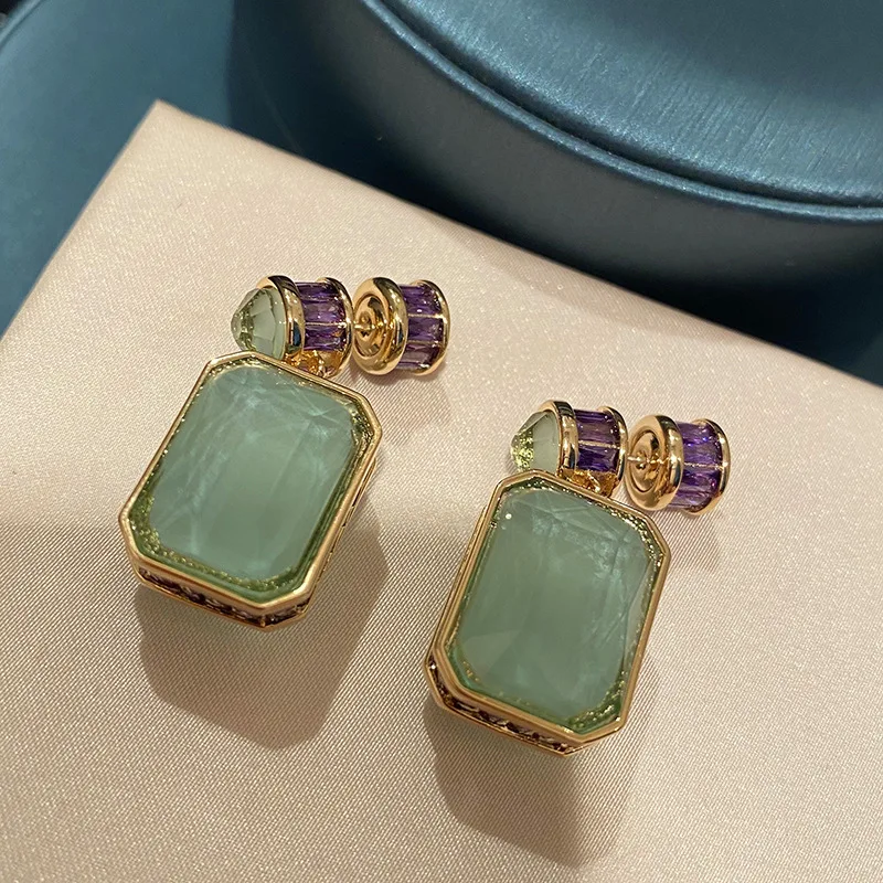 High Quality Luxurious Olive Green Crystal Earrings Micro Inlaid Purple Cubic Zircon Retro for Women Square Pendant Jewelry Gift