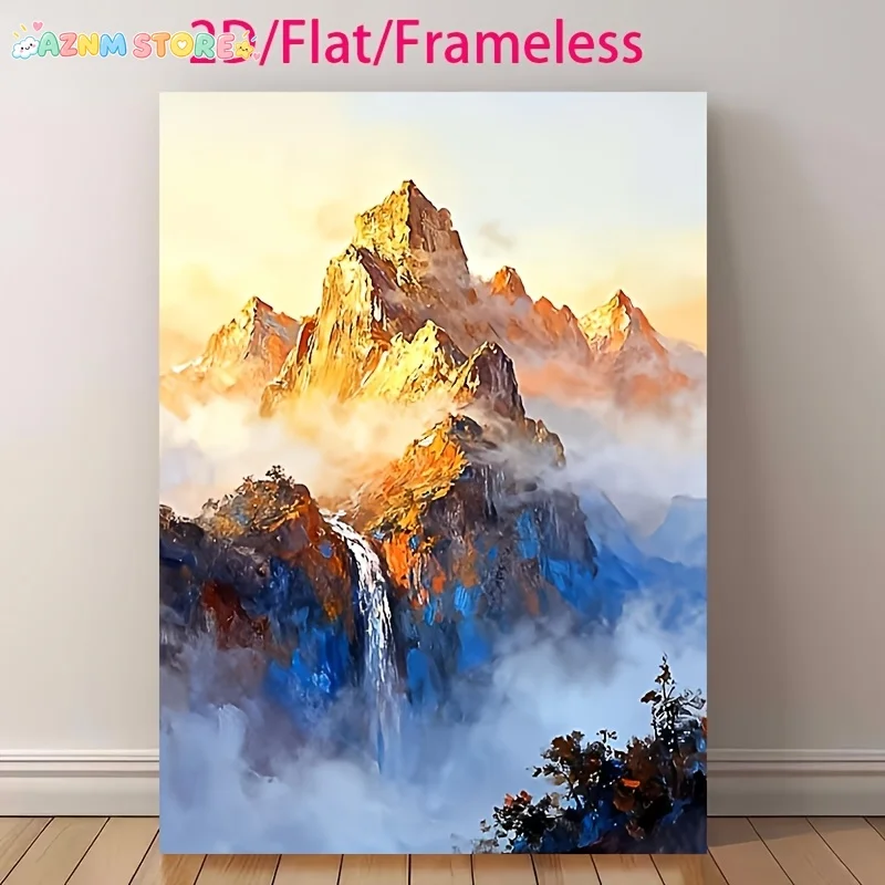 2027,2D Flat, 2D Flat, 2D Flat Painting, Frameless, Original Abstract Mountain Scenery Oil Painting, Hand-Painted Misty Peaks