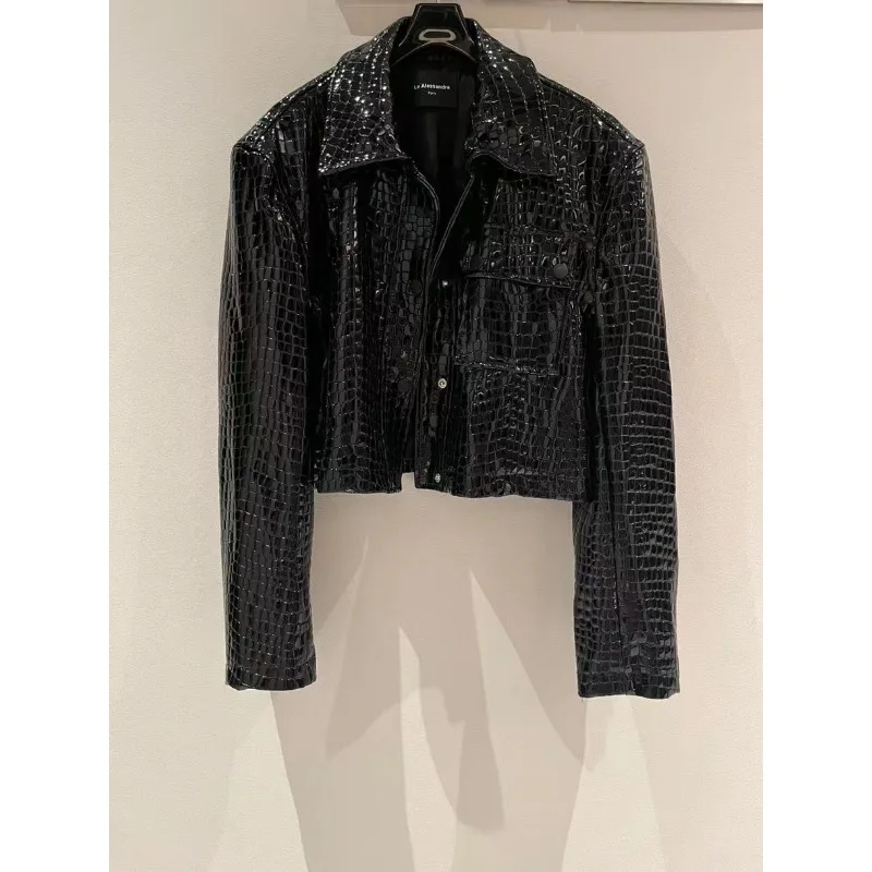 Fashion Jackets Short Black Glossy Coats Lapels Single Breasted Tops Crocodile Grain Long Sleeve Slimming Jackets Women's Coat