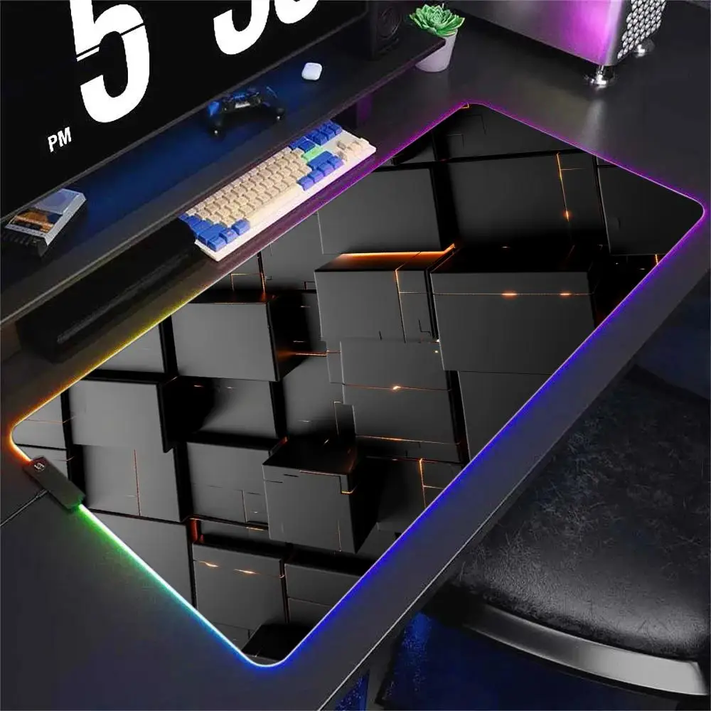 3D Flame Rocks Mouse Pad Large RGB Gaming Mousepads LED Light Locked Edges Game Accessory Table Pads PC Keyboard Mat XXL 90x40cm