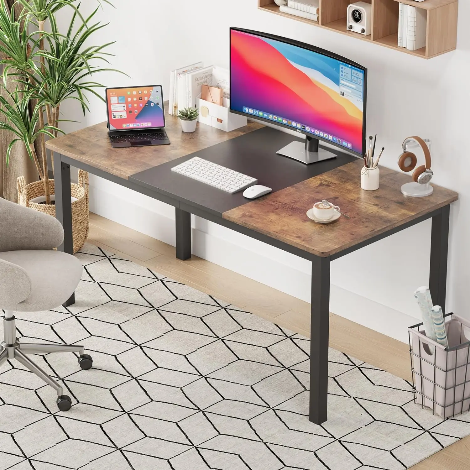 63 Inch Home Office Computer Desk, Conference Desk,Writing Desk with Black Metal Frame, for Home Dining Study Room Bedroom