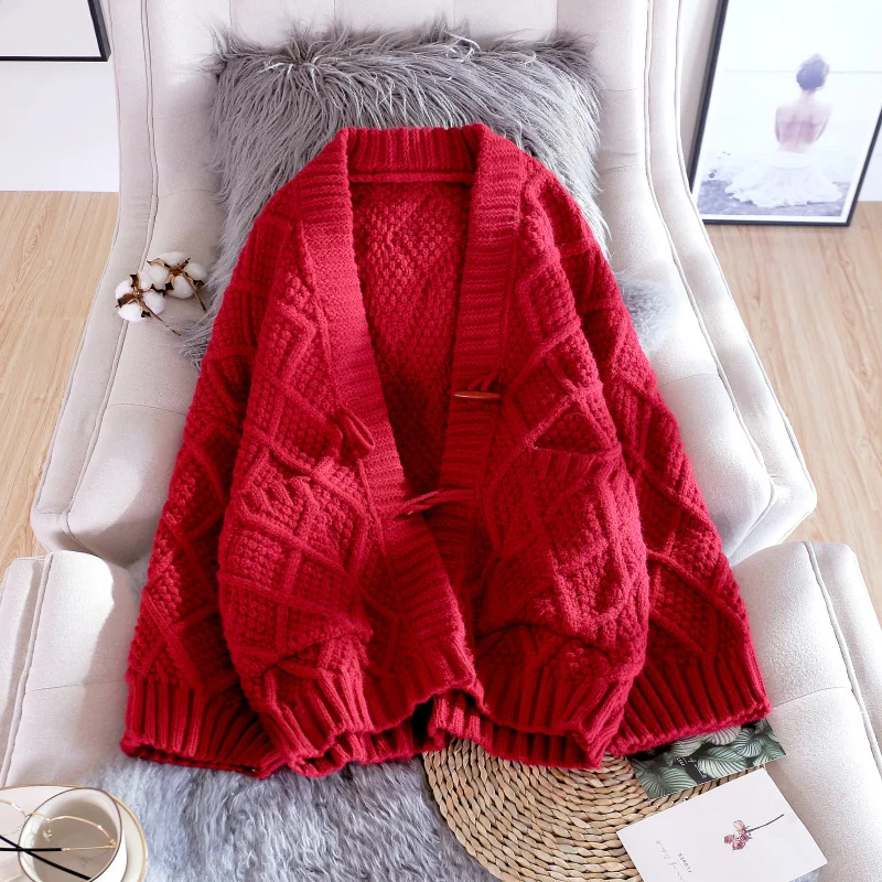 Beige Red Blue Yellow Coarse Yarn Knitted Cardigan Women Sweater Korean Loose V Neck Big Pocket Long Sleeve Knit Jacket Female