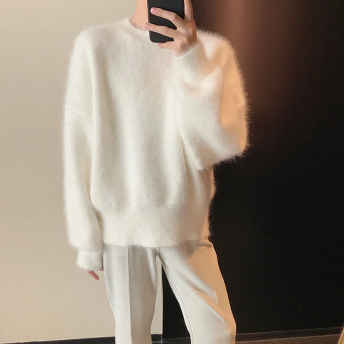 

Thiened round Ne Sweatirt Men's Korean Sle Warm Loose Woolen Knitted Wear for Autumn Winter Water Rabbit Velvet