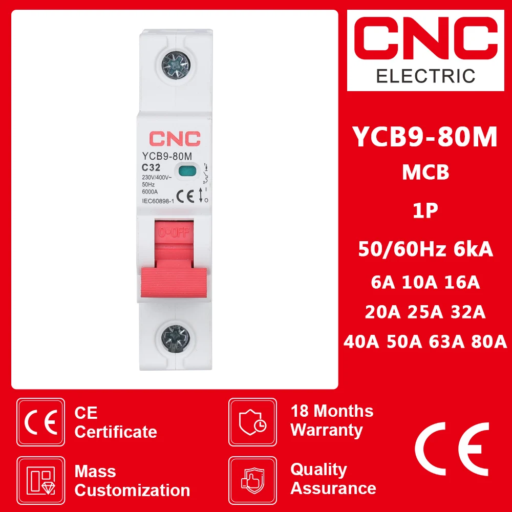 CNC1P MCB 50/60Hz 6kA 18cm Miniature Circuit Breaker 6/10/16/20/25/32/40/50/63/80A