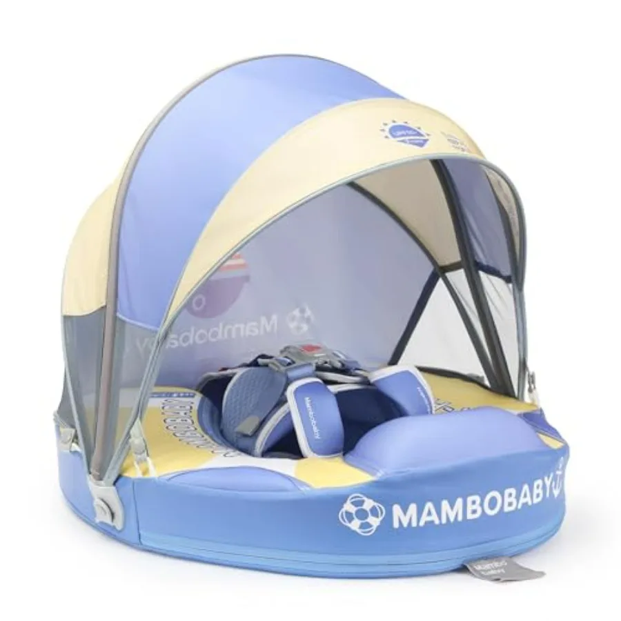 

Non-Inflatable Baby Pool Float with Canopy Tile for 3-24 Months Age Adjustable Strap Lightwght Blue Infant Swim Trainer Ring To