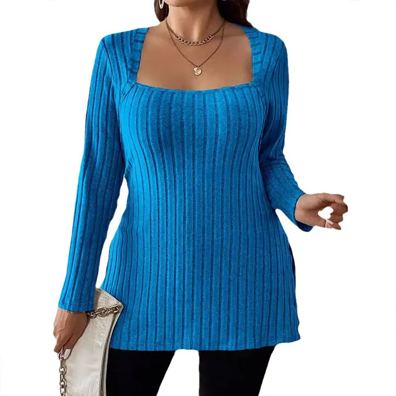 Fashion square neck women's spring and autumn side slit long sleeved casual long top, size reference size chart