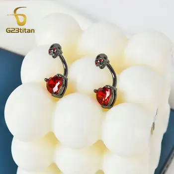 哥德骷髏紅鋯石心形肚臍環 14G 鈦或鋼槓鈴 CZ 肚臍穿孔飾品 男女萬聖節配件 10 最佳銷售 歌德式穿孔 - №10