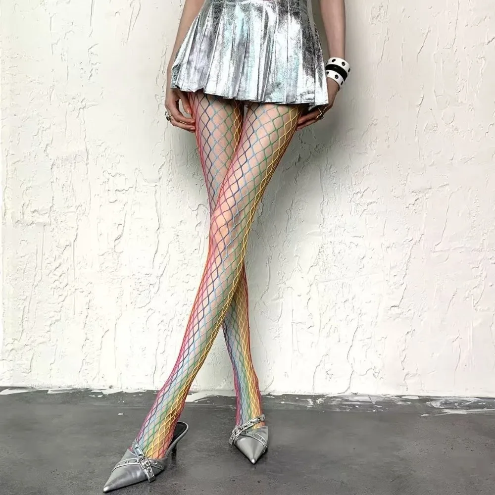 Süße Coole Dopamin-Regenbogen-Netzstrümpfe Y2K Hochgeschnittene Netzstrumpfhose mit Aushöhlungen Farbverlauf Sexy Strumpfhose für Aufregende Mädchen