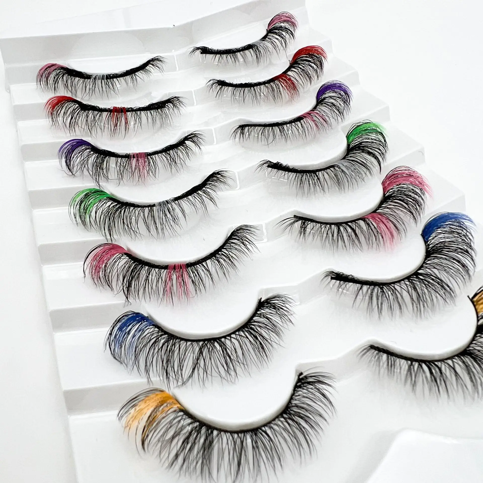 Colorful Fake Eyelash European American Synthetic Fiber 7pairs Cat Eye Thick Winged Eyelashes Bulk