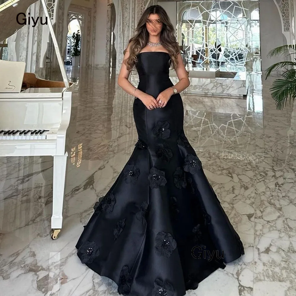 

Giyu Elegant 3D Followers Black Prom Gown for Women Saudi Arabia Strapless Floor-length Mermaid Trumpet Evening Dress