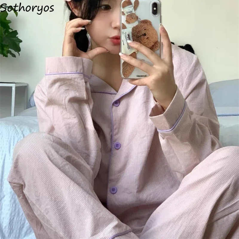 

Long Sleeve Pajama Sets Women Panelled Home Sleepwear Sweet Tender Soft All-match Korean Fashion Pockets Design College Girls