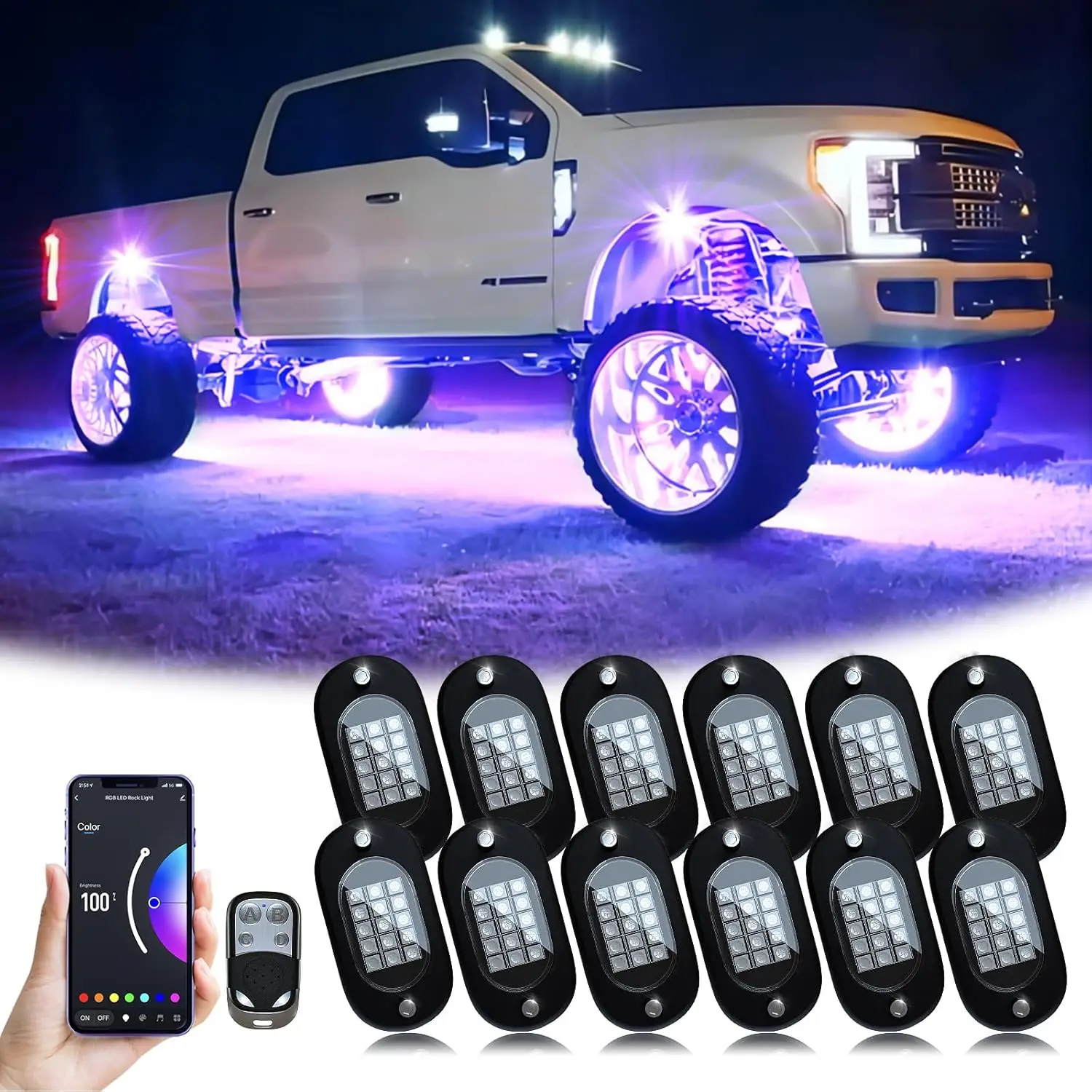 

RGB LED Rock Lights, 180 LEDs with App/Remote Control, Music Mode, Waterproof for ATV SUV Motorcycle (12 Pods)