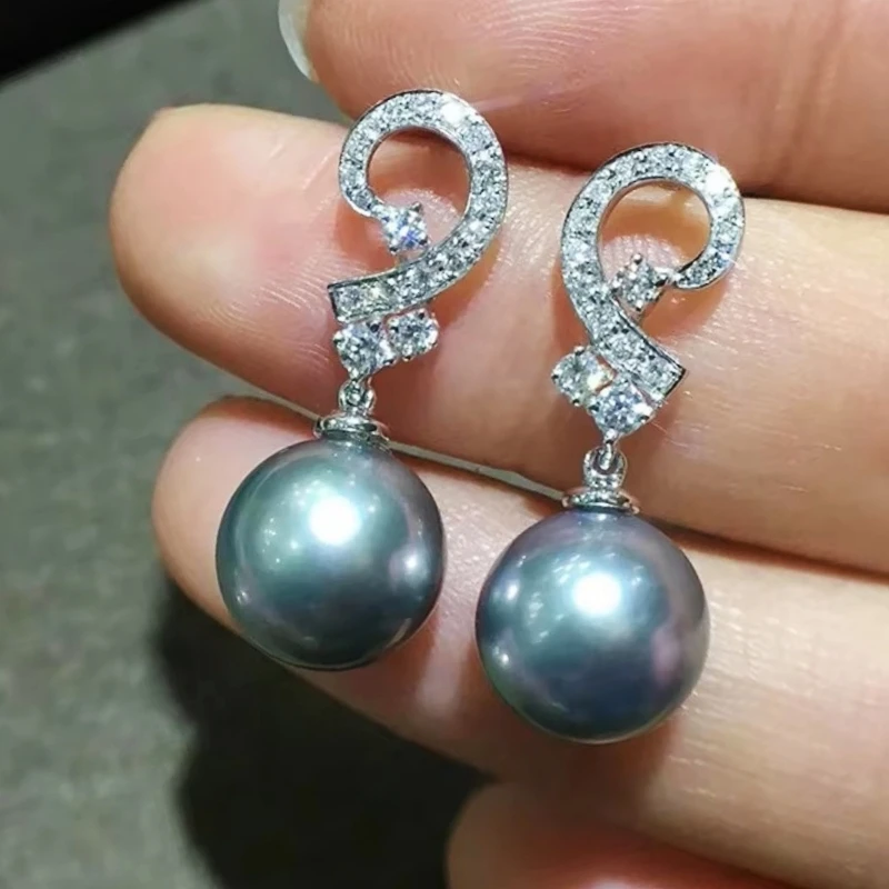 Huitan Wunderschöne graue Imitationsperlen-Ohrringe, schillernde CZ, luxuriöse, elegante Damen-Hängeohrringe, Hochzeit, Party, Schmuck