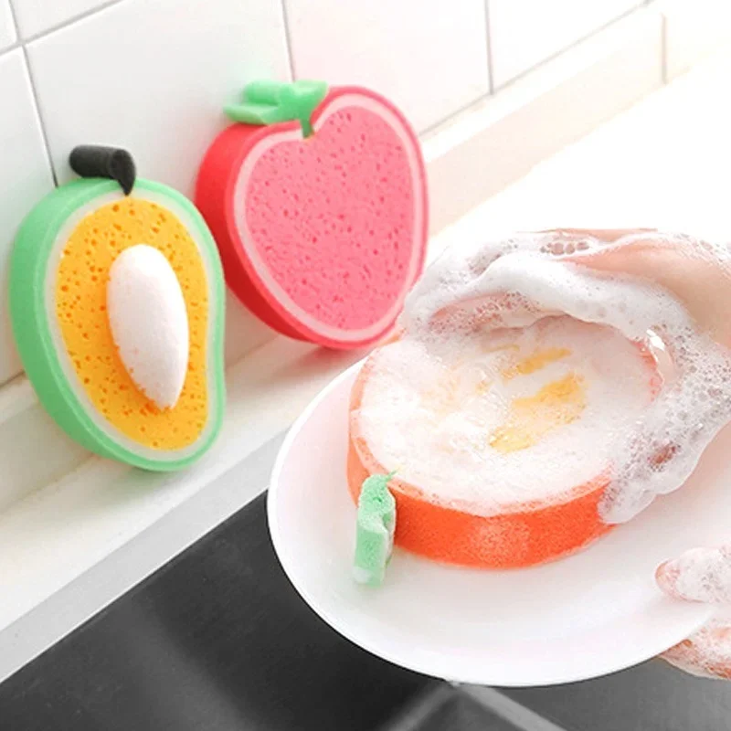 3PCS Cute Fruit Shape Thickened Sponge Dishwashing Wipe Washcloth Kitchen Household Pot Brush Dish Sponge Kitchen Cleaning Tools