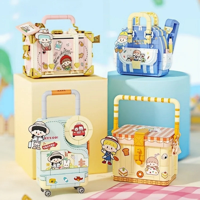 Zhuo Da Wang Building Blocks Kawaii Handbag Suitcase Picnic Basket Assembly Model Desktop Ornaments Toys Birthday Gift