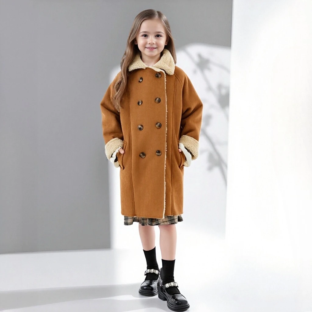 

Куртка из искусственного ягненка шерпа для девочек-подростков, зимнее плюшевое флисовое пальто средней длины для детей, модная повседневная теплая верхняя одежда с воротником-стойкой, 12 лет