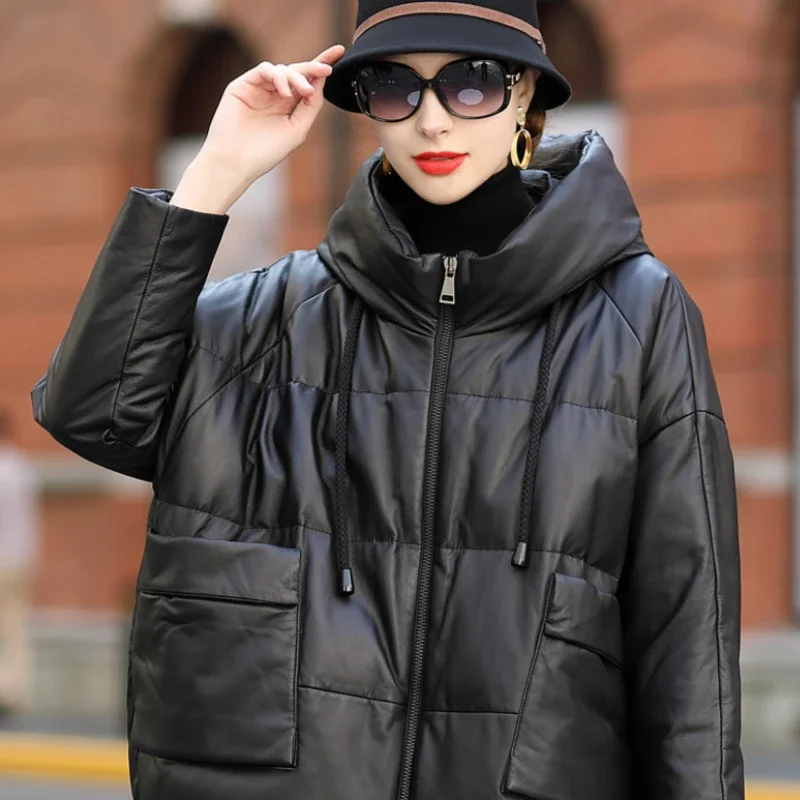 Tajeyane-Chaqueta de piel de oveja para Mujer, Plumífero de cuero con capucha, de longitud media, color negro, para oficina, zm381, 100%