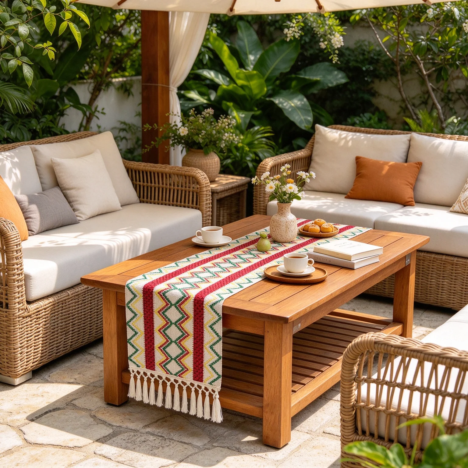 1Pc Bohemian Aztec Outdoor Tassel Table Runner, Luxury Woven Long Table Scarf, Holiday Tea Table & Patio Dining Decor