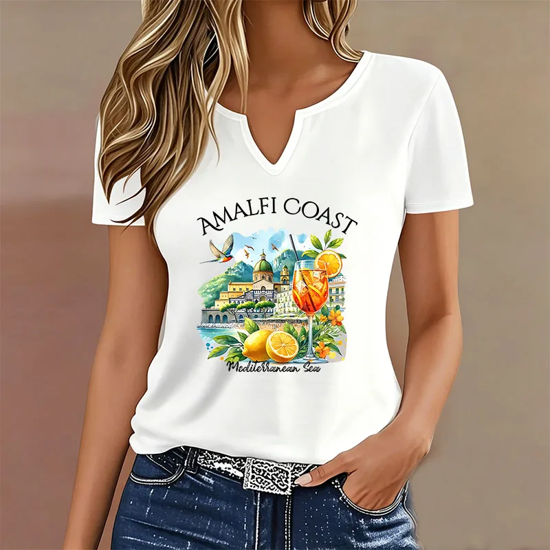 Fashion Summer Spring T-shirt V Neck Casual Y2k Amalfi Coast Lemon Printed T Shirts Women Short Sleeve Tee Shirt V-Neck Shirt
