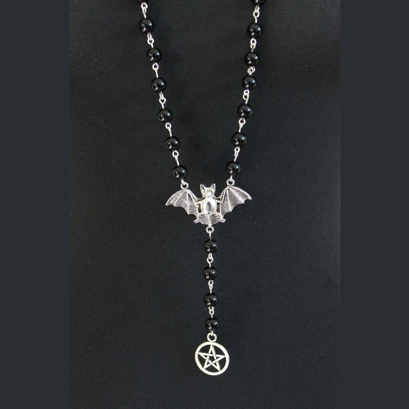 Bat Pentagram Black Rosary Necklace Gothic Halloween Necklace Jewelry for Women Dropship
