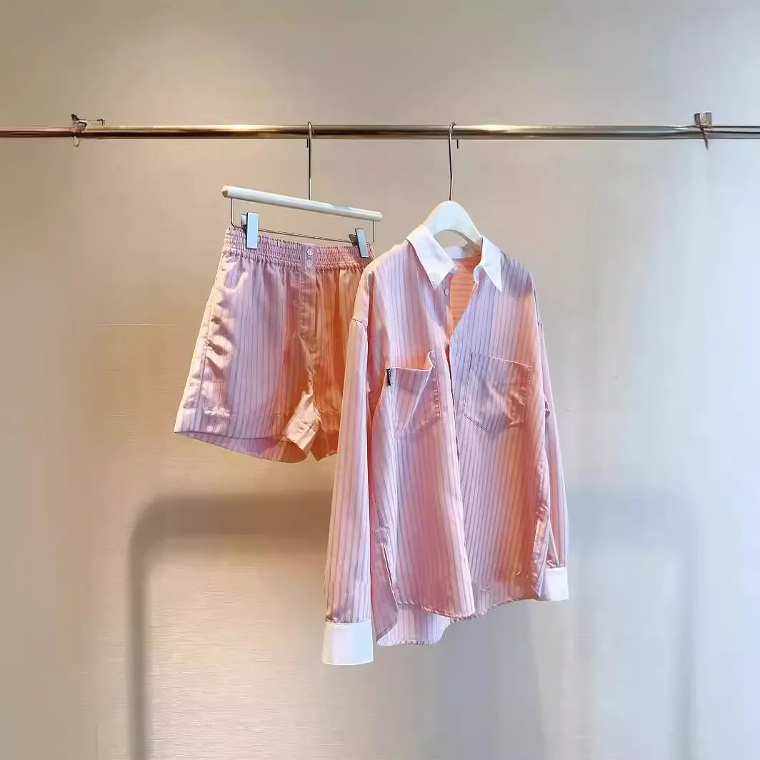 

Ladies' Shorts Set, Pink Vertical Stripe Suit, Color-Capped Collar Straight-Cut Shirt With Shorts, 2025 New Model ensemble femme