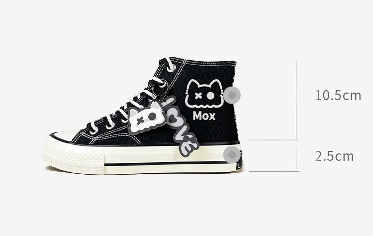Amy und Michael Damen-Sneaker mit niedlichem Cartoon-Katzen-Charm, hohe Canvas-Schuhe, schwarze Schnür-Sneaker, Y2K Kawaii Mädchen-Freizeitschuhe – Detail 2