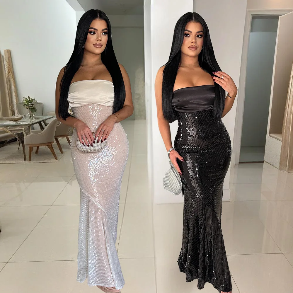 

EINY 2025 Summer Women Sequined Satin Strapless Back Bow Mermaid Long Dress Birthday Sexy Club Evening Party Dresses Vestidos