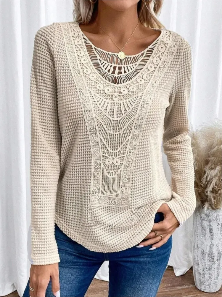 Women\'s Fashion Lace Stitching Blouses T-shirt Summer Casual Round Neck Office Lady Long-sleeve Loose Tees Tops Women Clothing