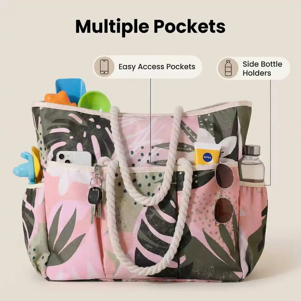 A Beach Bag with Tropical Prints, Perfect for Beach Vacations and Everyday Outings. Paired with a Thick Hemp Rope Shoulder Strap, It's Both Relaxed and Textured. A Tropical-Inspired Printed Tote Bag, Perfect for Beach Vacations and Everyday Outings. Paired with a Thick Hemp Rope Shoulder Strap, It's Both Relaxed and Textured.