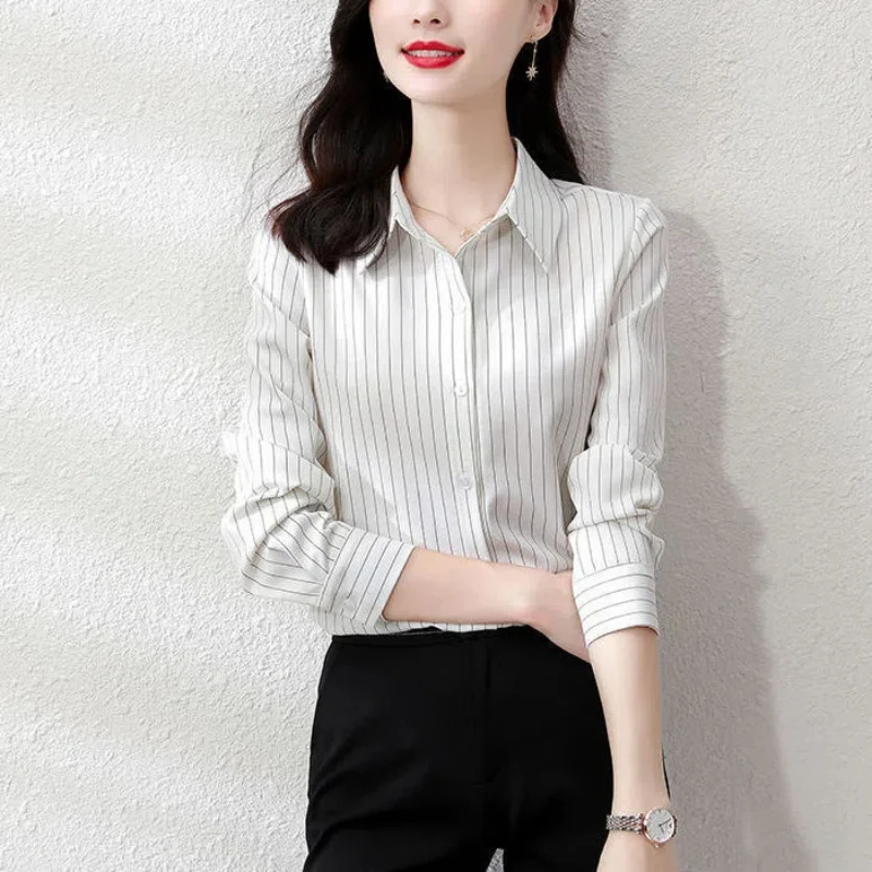 Office Lady Striped All-match White Blouse Spring Autumn Long Sleeve Polo Neck Vintage Shirt Tops Elegant Fashion Women Clothing