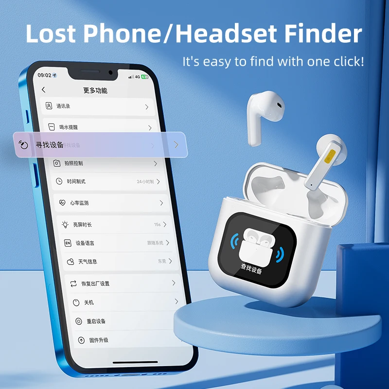 VAORLO Casque sans fil à écran tactile TWS 8 Go MP3 Bluetooth 5.3 Prévisions météo Rappels d'alarme 18 paramètres de langues Écouteurs avec microphone