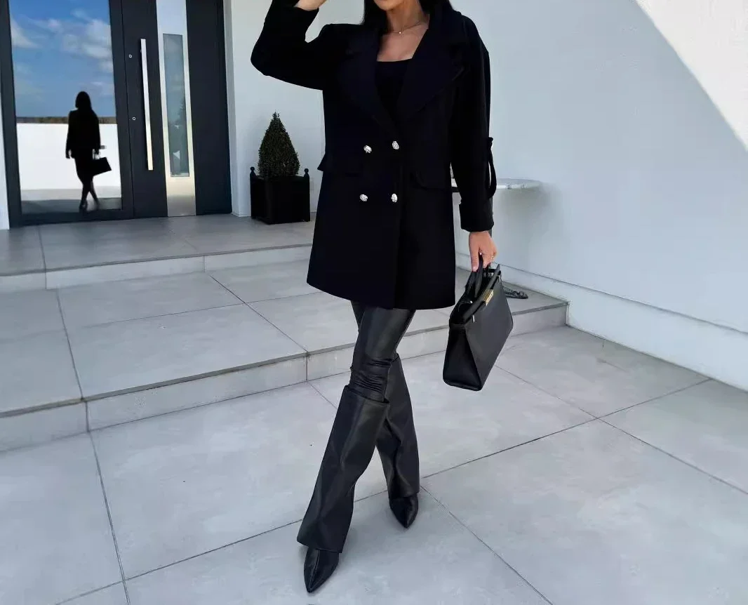 Long Sleeves Blazers Coats for Women Streetwear 2024 Winter New Solid Color Fashionable Versatile Double Breasted Jacket Female