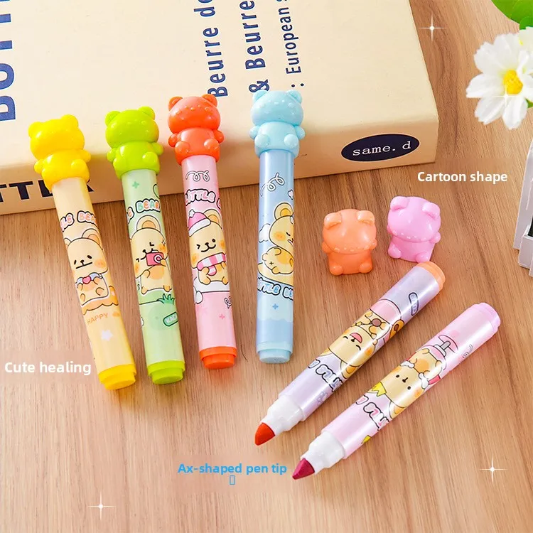 

12 Pcs 6 Colors Bear Highlighter Pen Student Stationery Oblique Head Highlighter Classroom Writing Supplies