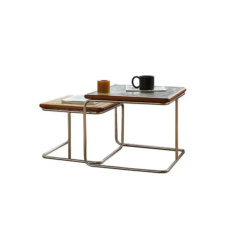 Living room household small apartment tea table combination light luxury modern Internet celebrity rattan simple stainless steel
