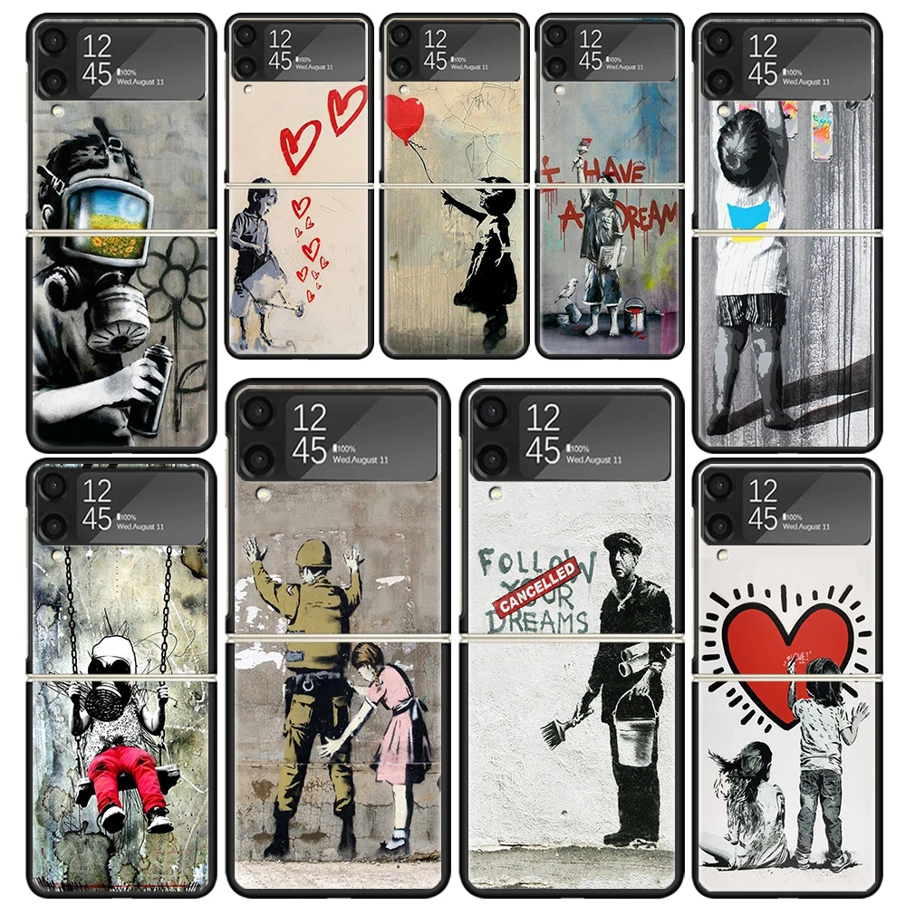 Street Art Banksy Graffiti Clear Phone Case For Samsung Z Flip 5 4 3 Galaxy ZFlip 6 5G Shockproof Hard Print Cover TPU PC Coque