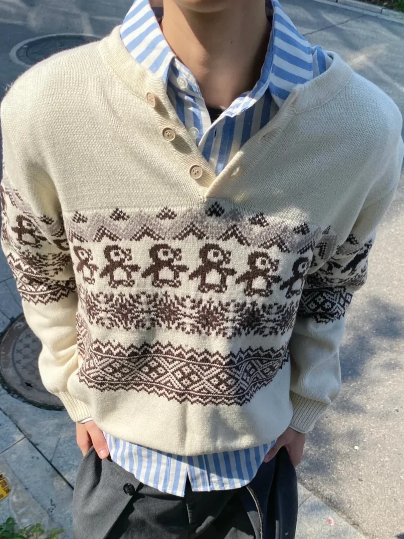 

Свитер унисекс больших размеров с воротником-хенли, вязаный в стиле Fair Isle с рисунком пингвинов, осенне-зимний, модный, в ретро-стиле, длинный