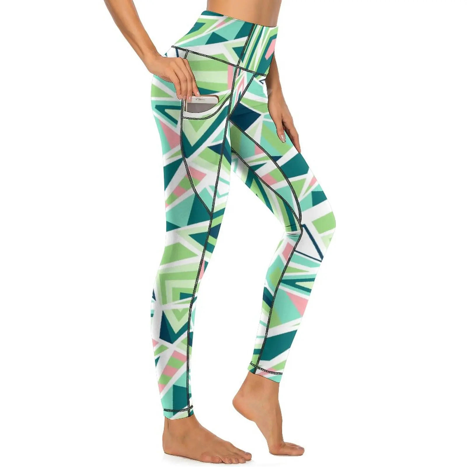 Color Block Print Yoga Pants Pockets Green Triangle Leggings Sexy Push Up Aesthetic Yoga Sport Legging Elastic Fitness Leggins