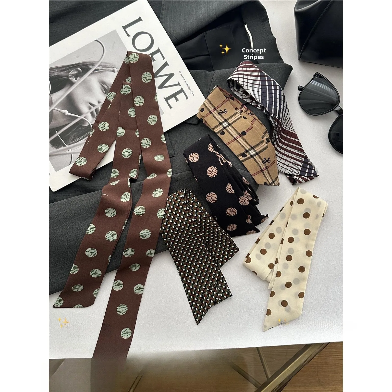

Retro Black White Polka Dot Narrow Sash Silk Scarf Women's Multi-Functional Versatile Decorative Neck Scarf Hairband Korean A...